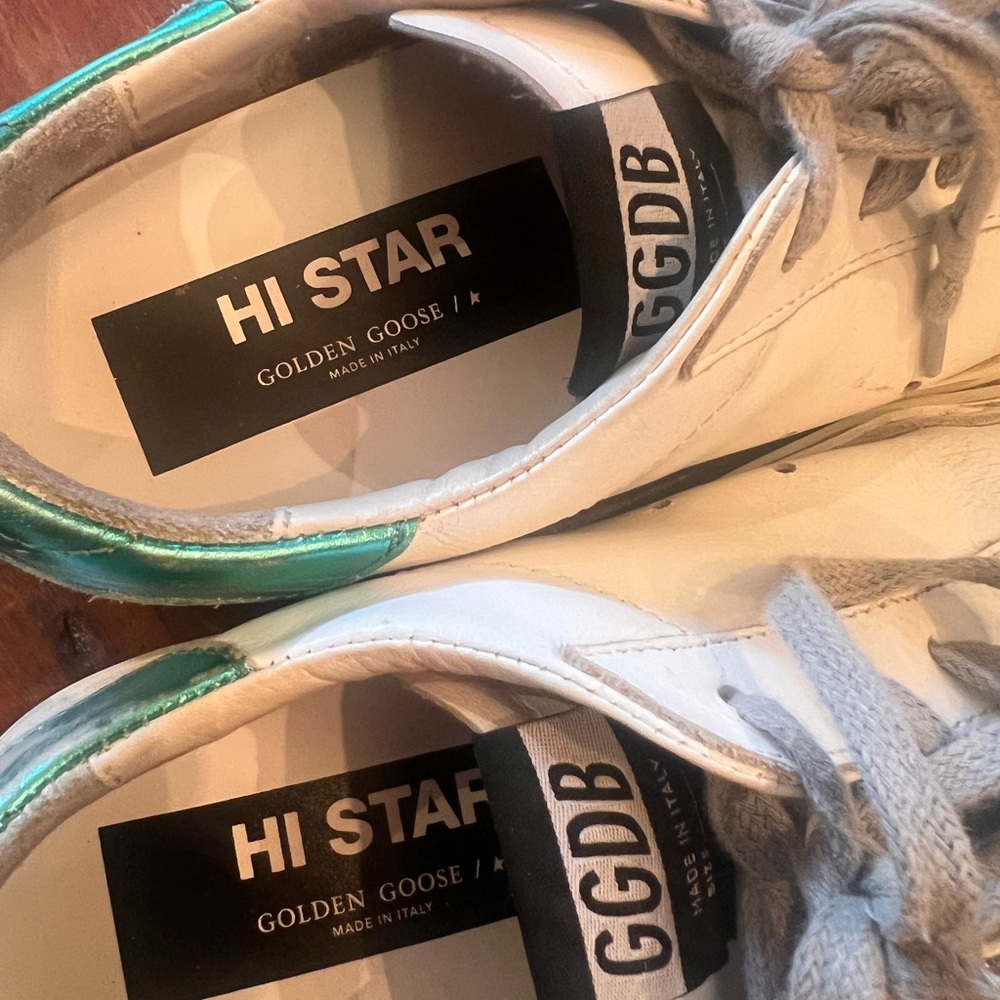 Golden Goose Hi Star White Sneaker with Glitter Star and Teal Heel - Picture 3 of 8